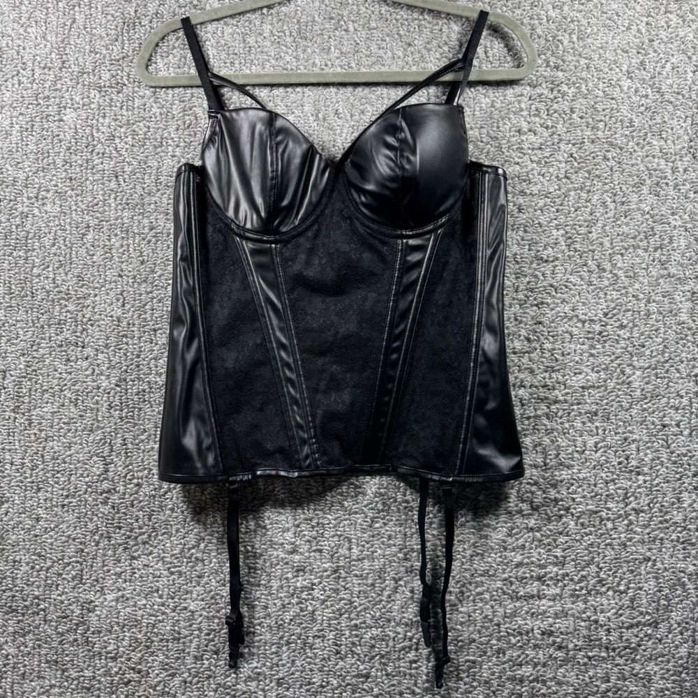 Charmian Corset Bustier Top Black Garter Straps Faux Leather Lace Caged Goth XXL